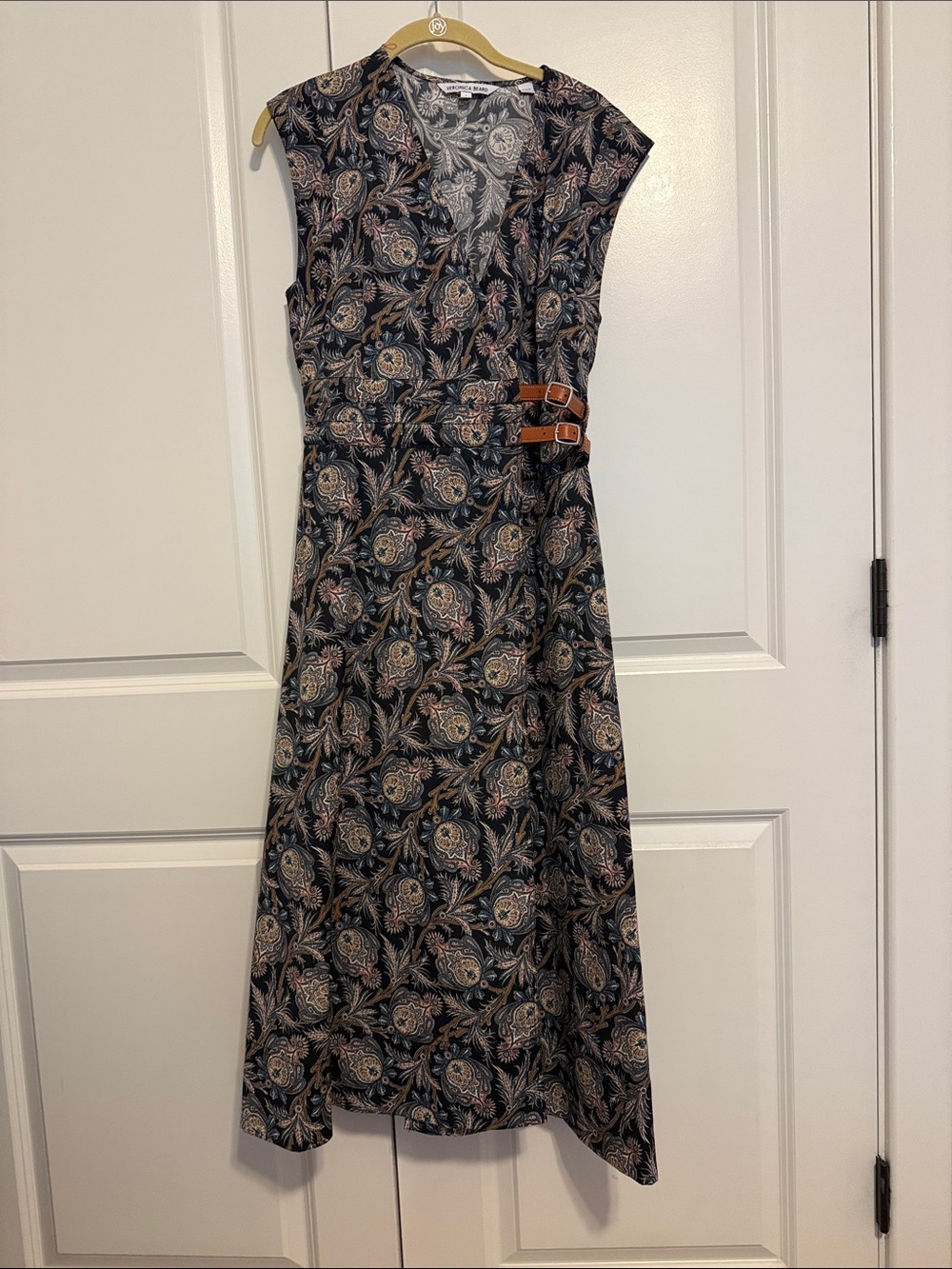 Sleeveless V-Neck Paisley A-Line Dress with Buckle Detail - Navy/Tan